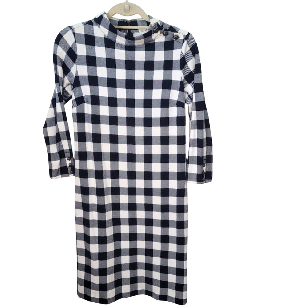 Talbots Womens Navy White Buffalo Check Mock Neck Button Shift Dress XS‎
